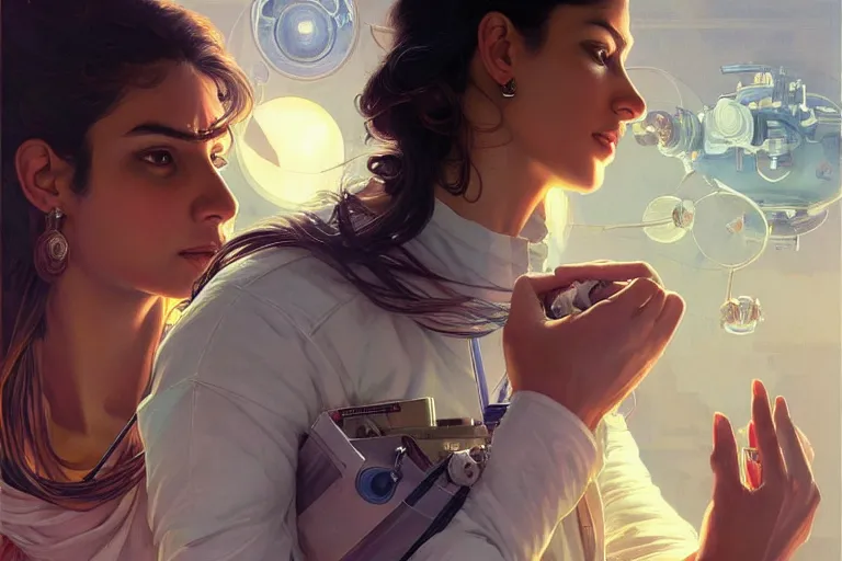 Image similar to Sensual good looking pale young Indian doctors wearing jeans in a space station above Earth performing surgery, portrait, elegant, intricate, digital painting, artstation, concept art, smooth, sharp focus, illustration, art by artgerm and greg rutkowski and alphonse mucha