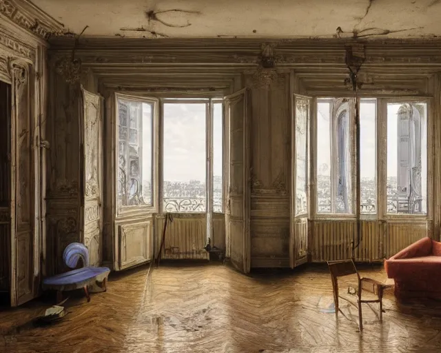 Image similar to an abandoned parisian apartment with and antique furniture with a view of the city, interior design, architecture, key lighting, soft lights, by steve hanks, by edgar maxence, by caravaggio, by michael whelan, by delacroix, by serov valentin, by tarkovsky, 8 k render, detailed, oil on canvas