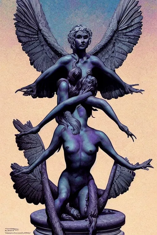Image similar to raven perched on the shoulder of a realistic marble bust of a beautiful woman on a pedestal, by wayne barlowe, peter mohrbacher, kelly mckernan, james o barr
