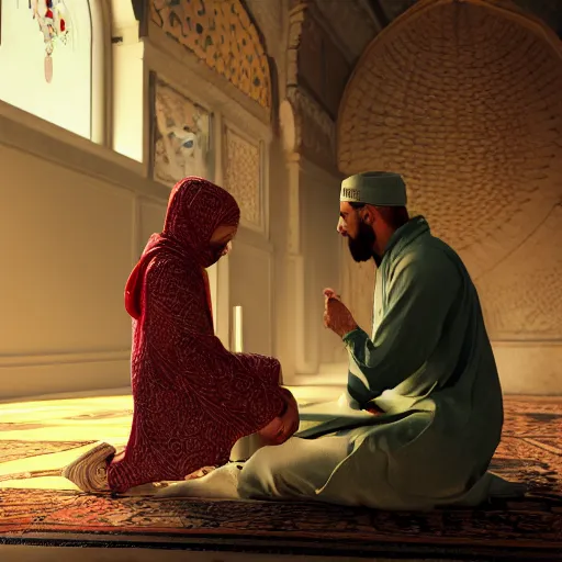 Image similar to prophet muhammed on date with 9 year old aisha, trending on artstation, photorealistic, high resolution, 8 k, octane, hyper detailed, trending on deviantart insane details, intricate, elite, ornate, elegant trend, highly detailed and intricate, sharp focus, photography, unreal engine