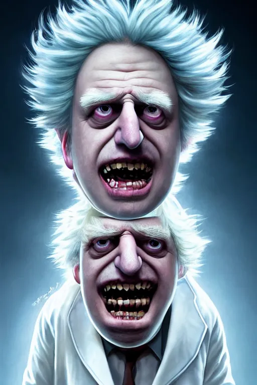 Prompt: Boris Johnson as crazy genius Rick Sanchez from Rick and Morty, unibrow, white robe, big eyes, realistic portrait, symmetrical, highly detailed, digital painting, artstation, concept art, smooth, sharp focus, illustration, cinematic lighting, art by artgerm and greg rutkowski and alphonse mucha