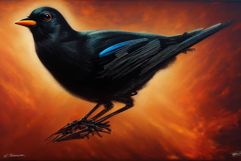 Prompt: hyperrealistic mixed media painting of a blackbird singing in the dead of night, dim volumetric lighting, 8k octane beautifully detailed render, post-processing, portrait, extremely hyper-detailed, intricate, epic composition, cinematic lighting, masterpiece, trending on artstation, stunning, art by P. Craig Russell and Barry Windsor-Smith