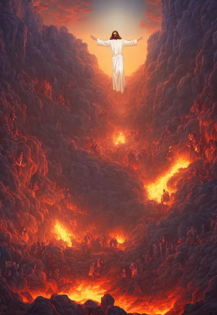 Image similar to jesus descends into hell by dan mumford, yusuke murata and makoto shinkai, 8k, cel shaded, unreal engine, featured on artstation, pixiv