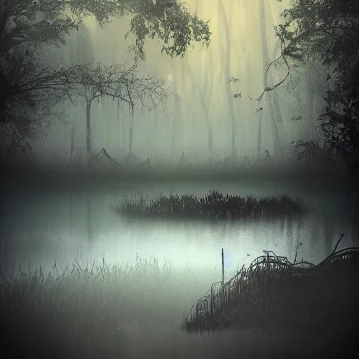 Image similar to concept, artistic swamp with mystic fog, fishing rode, from horror movies, art station, mysterious, masterpiece