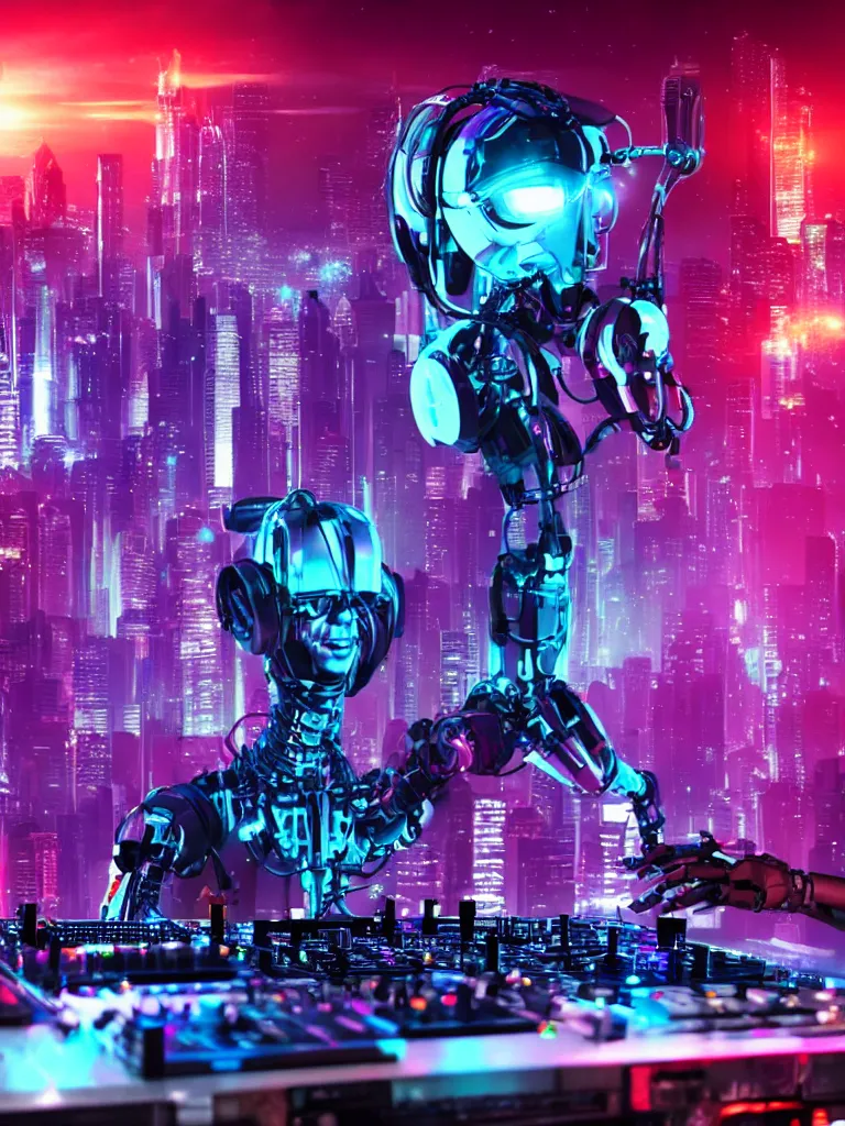 Image similar to Sci-fi robot DJing a synthwave party in a blade runner city