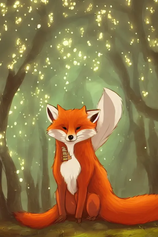 Image similar to a pretty medieval anthropomorphic fox with a fluffy tail in the forest, comic art, trending on furaffinity, cartoon, kawaii, backlighting, furry art!!!, radiant light, bokeh, trending on artstation, digital art