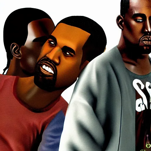 Prompt: full body shot of Kanye West and Travis Scott in GTA San Andreas, PlayStation 2 graphics, low quality 3D model