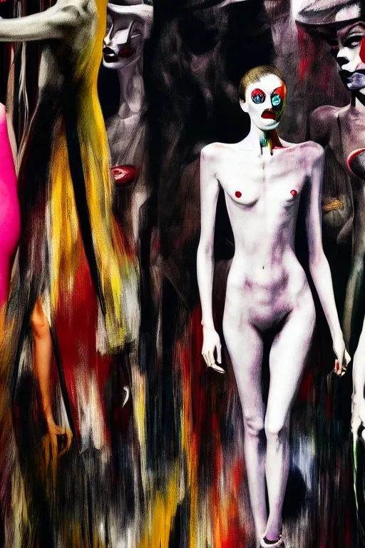 Image similar to crazy fashion catwalk, one model, crazy clothes, hauntingly surreal, highly detailed painting by francis bacon, edward hopper, adrian ghenie, gerhard richter, and james jean soft light 4 k,