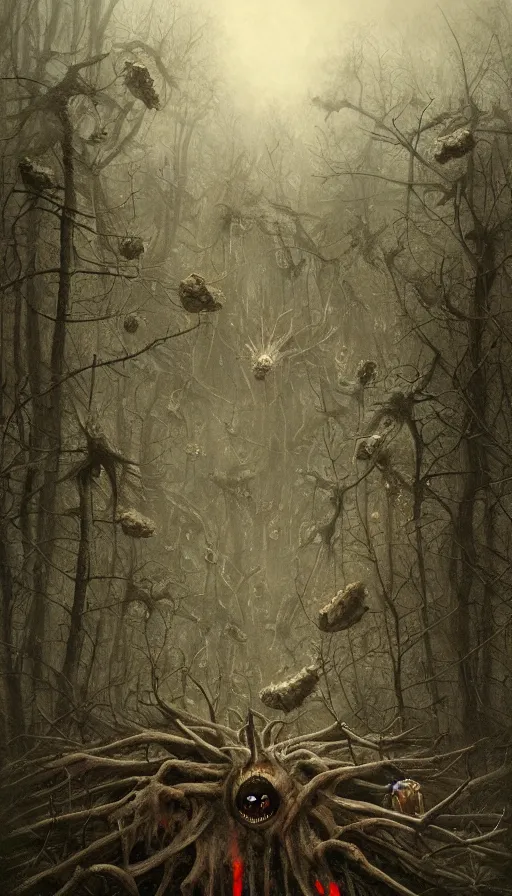Image similar to a storm vortex made of many demonic eyes and teeth over a forest, by jeremy geddes