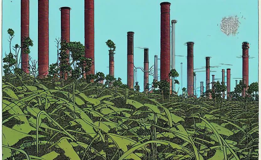 Image similar to industrial chimneys rising out of the undergrowth by moebius