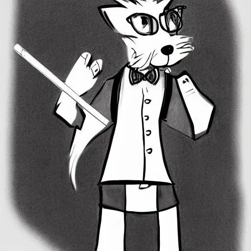 Prompt: autographed pencil sketch of an anthropomorphic male fox furry fursona in a tuxedo with medium length black hair, handsome eyes, posing with hands in pocket, hdr photograph of notebook