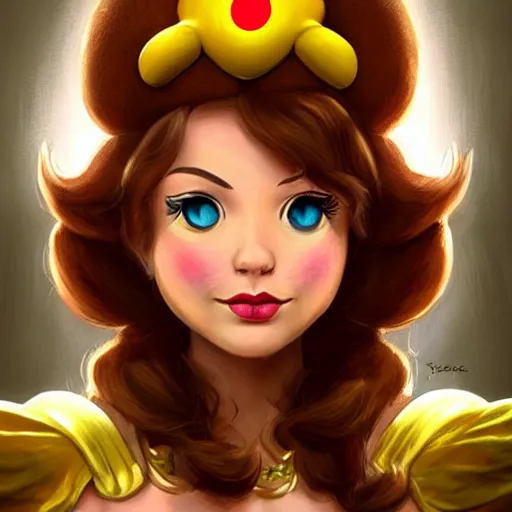 Prompt: princess daisy from super mario as realistic brunette human character art portrait, matte fantasy painting, deviantart artstation, by jason felix by steve argyle by tyler jacobson by peter mohrbacher, cinema c 9. 0