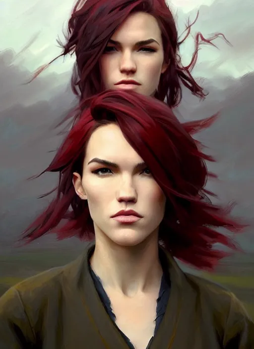 Prompt: portrait of Ruby rose of RWBY, countryside, calm, fantasy character portrait, dynamic pose, above view, sunny day, thunder clouds in the sky, artwork by Jeremy Lipkin and Giuseppe Dangelico Pino and Michael Garmash and Rob Rey, very coherent asymmetrical artwork, sharp edges, perfect face, simple form, 100mm