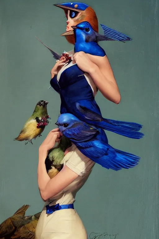 Prompt: hyper realistic painting, tasteful pinup girl holding an indigo bunting, bird, the bird is wearing a bowtie, by greg rutkowski, rossdraws, gil elvgren, enoch bolles, anime, porcelain skin, very coherent