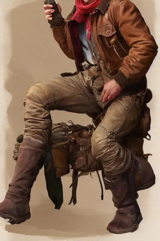 Prompt: character design, turnaround, 40's adventurer, unshaven, optimistic, stained dirty clothing, straw hat, riding boots, red t-shirt, dusty brown bomber leather jacket, detailed, concept art, photorealistic, hyperdetailed, 3d rendering , art by Leyendecker and frazetta,