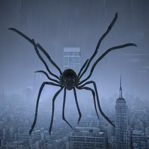 Prompt: giant spider invading new york, night, fog, 8 mm, 3 d render, octane render, cinema 4 d