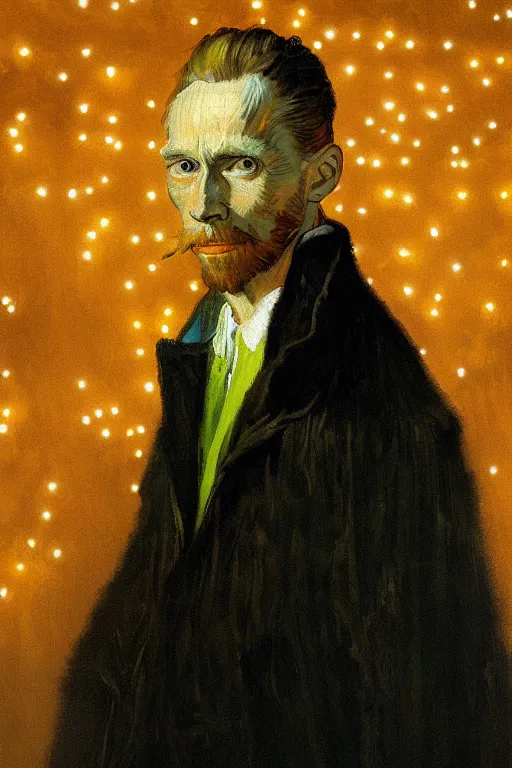 Image similar to portrait of van goh wearing high fashion, staring directly into camera, intricate, elegant, glowing lights, highly detailed, digital painting, artstation, sharp focus, illustration, art by wlop, mars ravelo and greg rutkowski