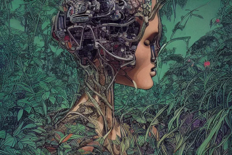 Image similar to gigantic robot - girl head floating in the space, a lot of exotic plants, trees, flowers, oldschool vintage sci - fi flat surreal grainy design, super - detailed, drawing by moebius, satoshi kon, craig gleason, hd, 4 k, high quality