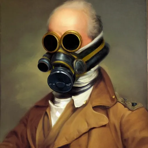 Prompt: an 1800's admiral wearing a gasmask, portrait, oil painting