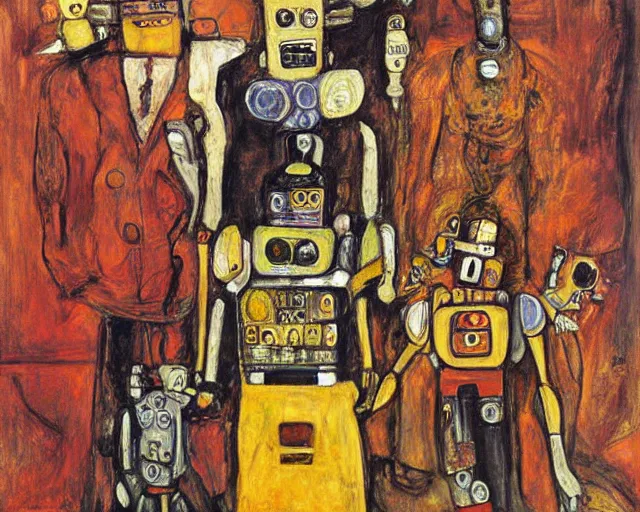 Image similar to a painting of a robot family by graham sutherland, egon schiele, expressionism