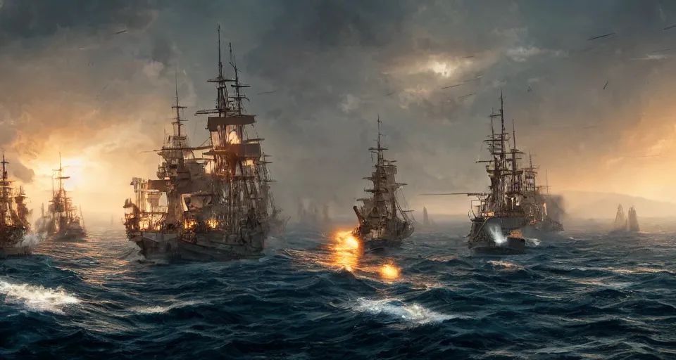 Image similar to Epic naval battle, hyperdetailed, artstation, cgsociety, golden hour 8k