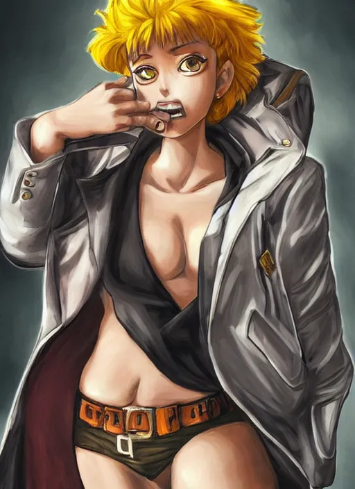 Image similar to a portrait one person, complexity, global lighting, detail, ultra sharpness, beautiful female sheriff body from games yoshihiro togashi style, big eyes, plump lips, a gunshot, global lighting, western saloon theme, detailed faces, blank faces, style by cain kuga, cowboy bebop art style