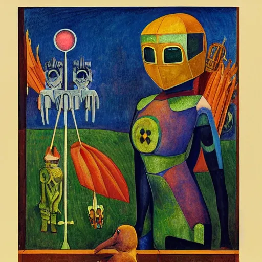 Image similar to the crow in her robot mask stands on the lawn, by annie swynnerton and kit williams and diego rivera and leo and diane dillon and nicholas roerich, symbolist, dramatic lighting, elaborate geometric ornament, art brut, god rays, soft cool colors, smooth, sharp focus, extremely detailed, adolf wolfli