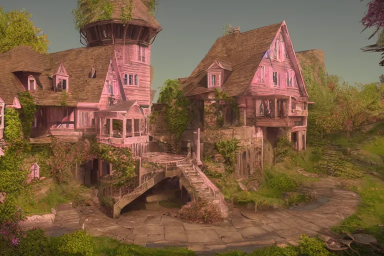 Prompt: mill of the mansion, art by den beauvais and rudolph belarski and thomas kidd, trending on artstation, iridescent pink lighting product view blueprint, narrative realism, featured on artstation, unreal engine 5, brocade