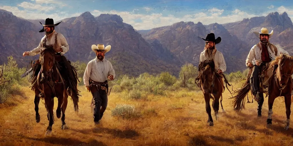 Prompt: in the old west, cowboys Kurt Russel and Dave Bautista on the old west mountain trail, in the style of an oil painting
