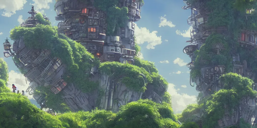 Prompt: future city covered by forest creature, flying, culture, smooth, howl's moving castle, by studio ghibli, makoto shinkai, 4 k, unreal engine