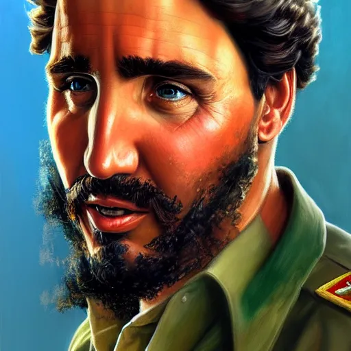 Image similar to epic portrait of justin trudeau as fidel castro havana cuba background detailed digital painting artstation concept art, donato giancola, joseph christian leyendecker, wlop, boris vallejo, breathtaking, high details, extremely detailed, confused face, establishing shot, artistic, hyper realistic, beautiful face, octane render