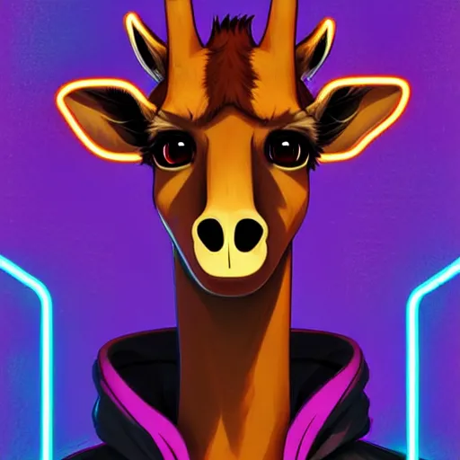 Image similar to beautiful furry digital art portrait commission of an androgynous furry anthro giraffe fursona wearing punk clothes in the streets of a cyberpunk city. neon signs. character design by charlie bowater, ross tran, artgerm, and makoto shinkai