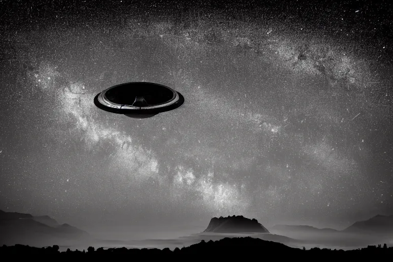 Image similar to alien space ship invading earth in the style of ansel adams, black and white, old, master photography by ansel adams