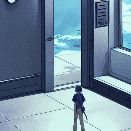 Prompt: a person standing in a room with a door open, an anime drawing by makoto shinkai, cgsociety, postminimalism, anime aesthetic, anime, official art h - 7 6 8