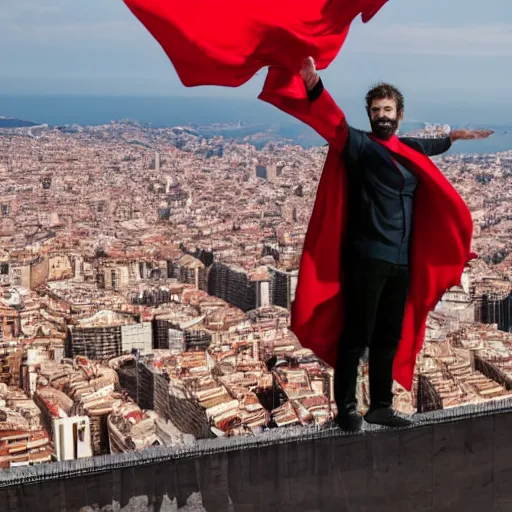 Image similar to santigo abascal flying over barcelona wearing a red cape