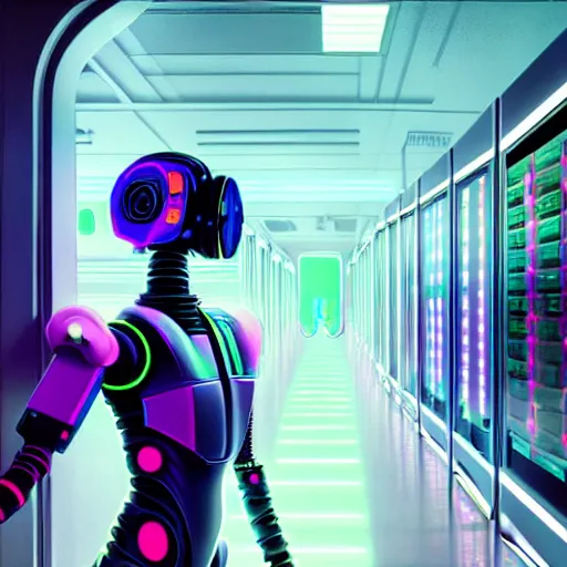 Image similar to highly detailed surreal neon robot android in the data center. robocop, scream, stephen bliss, unreal engine, greg rutkowski, loish, rhads, beeple, makoto shinkai and lois van baarle, ilya kuvshinov, rossdraws, tom bagshaw, global illumination, detailed and intricate environment