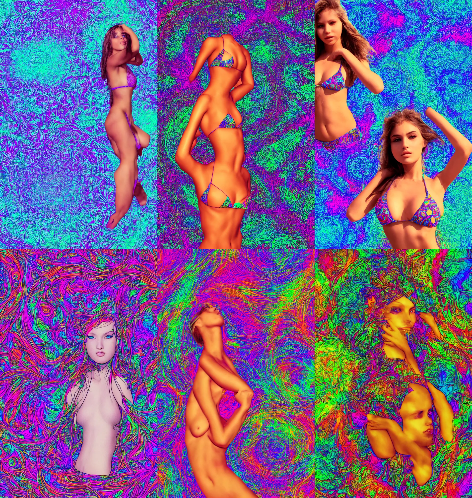 Prompt: beautiful closeup girl in bikini over psychedelic sacred geometry hallucination