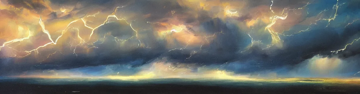 Image similar to lightning in the distance epic landscape painting heavy brushstrokes thick oil paint smears ultrawide