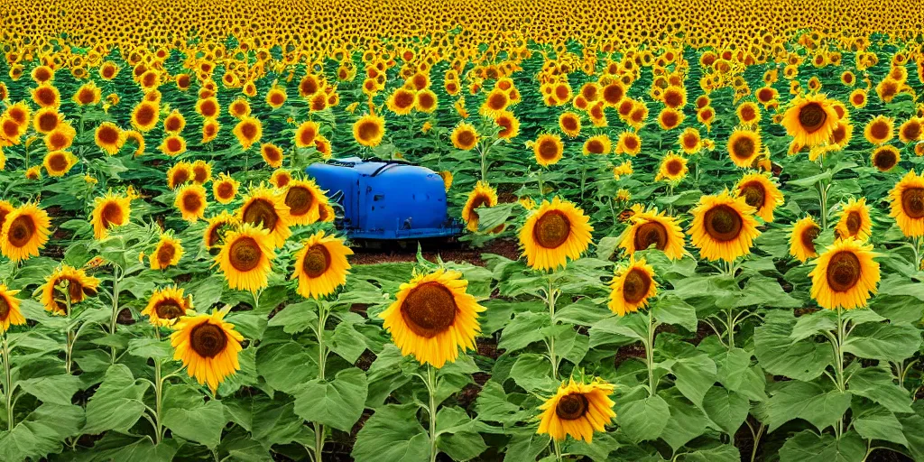 Prompt: sunflower field, blue sky, middle of field burning russian tank.