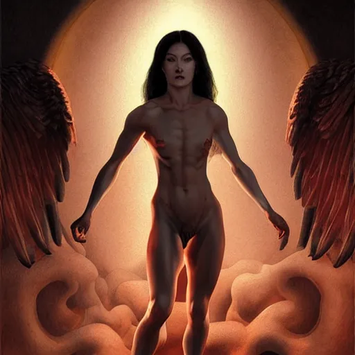 Prompt: stoya as an muscular devil standing in the front of gates of hell. angel is draped with bones. digital painting. art station. mood lighting. skindness, highly detailed, by junji ito, concept art, intricate, sharp focus, einar jonsson and bouguereau - h 1 2 0 0