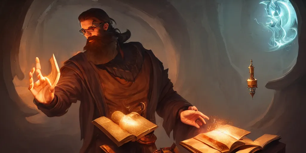 Image similar to a handsome bearded caucasian male sorcerer with brown hair, he is in a alchemist lab, casting a spell from a floating book, action pose, digital art, concept art, epic composition, 4 k, super coherent, by dave melvin and greg rutkowski