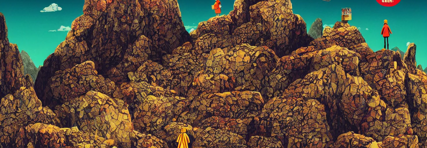 Prompt: a small figure looks up at a giant ancient stone burger mountain range, Wes Anderson, Poster, megalophobia, digital art, striking, dramatic, cinematography, brightly lit, masterpiece