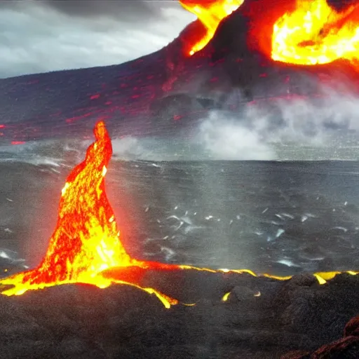 Image similar to movie still of an epic battle, lava in the background, highly-detailed, establishing shot