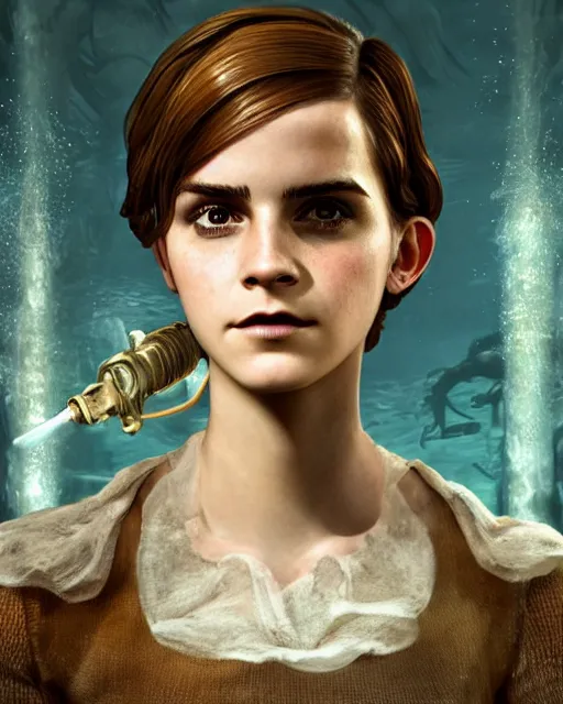 Image similar to underwater bioshock portrait of emma watson, au naturel, hyper detailed, digital art, trending in artstation, cinematic lighting, studio quality, smooth render, unreal engine 5 rendered, octane rendered, art style by klimt and nixeu and ian sprigger and wlop and krenz cushart.