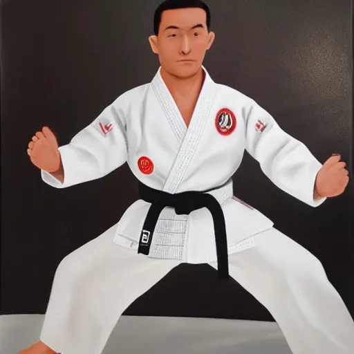 Image similar to hyperrealistic image of martial artist in uniform doing kata