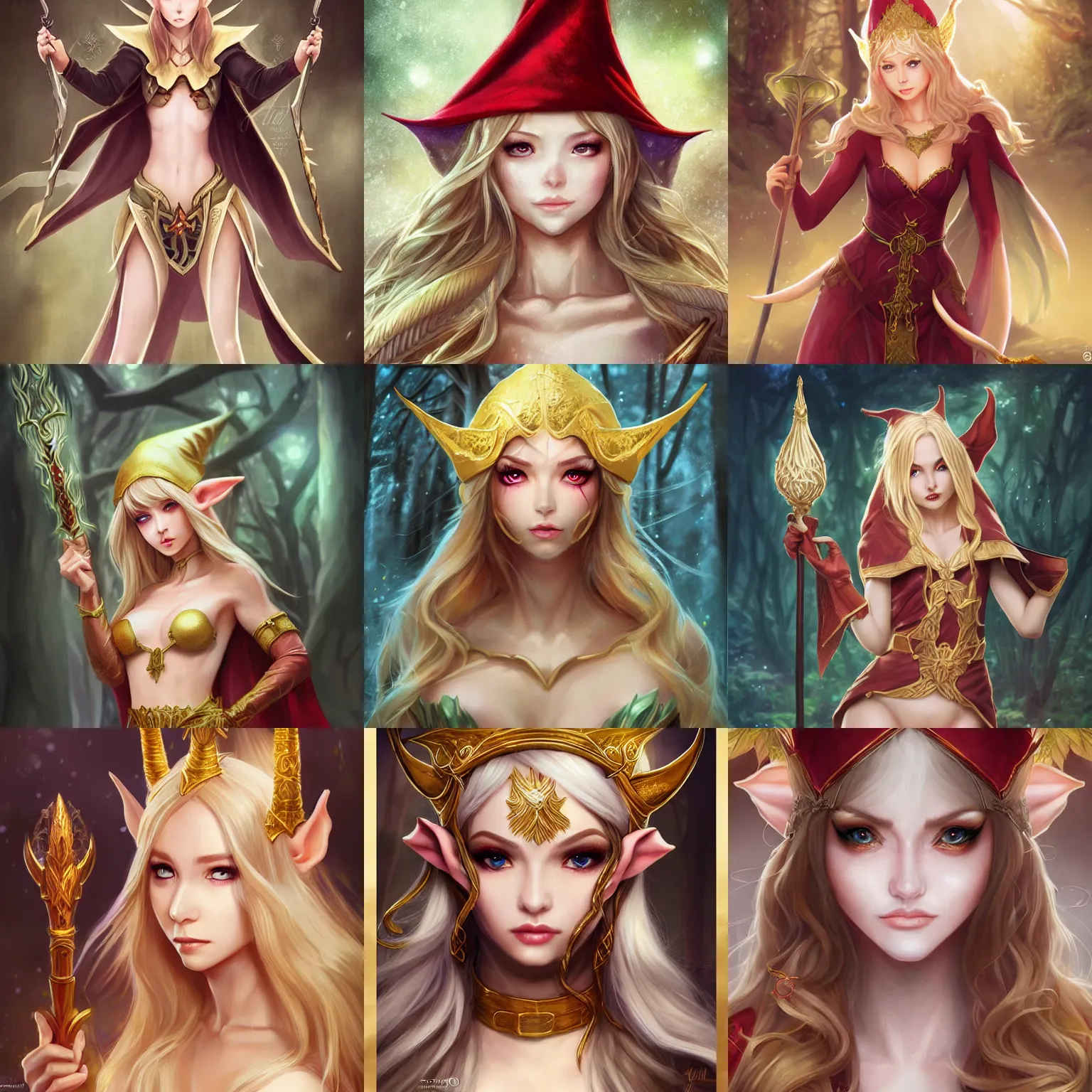 Prompt: full body portrait beautiful elf sorceress, skintight robes, hat, tunic, detailed face, golden hair, big red eyes, white skin, forest, scepter, high fantasy, extemely detailed, dnd, smooth, sharp focus, digital illustration, by artgerm, sakimichan, rossdraws