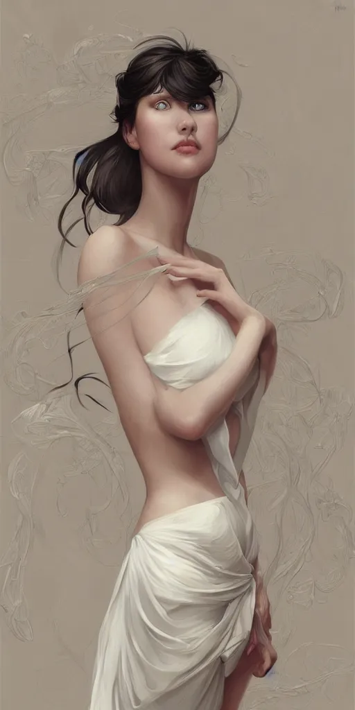 Prompt: ultra realistic artistic pose illustration studio of a beautiful elegant girl in an artistic pose covered, intricate, elegant, highly detailed, digital painting, artstation, concept art, smooth, sharp focus, illustration, delicate features. bright white. ultra realistic. ultra clear detailed art by artgerm, atey ghailan, craig mullins and greg rutkowski and alphonse mucha