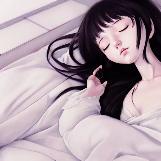 Image similar to little girl with an long black hair dressed in a simple white dress sleeping, anime art style, digital art ilya kuvshinov, inspired by balthus, hd, 4 k, hyper detailed, dark, anatomically correct, angelic face, pic