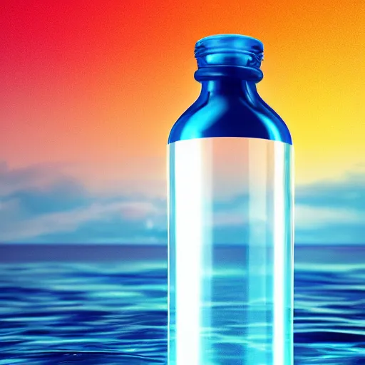 Image similar to a human head stuffed in a bottle, on the ocean water, futuristic, glowing, hyper realistic, ray tracing, realistic water splashes, sharp focus, long shot, 8 k resolution, cinematic, photoshop art