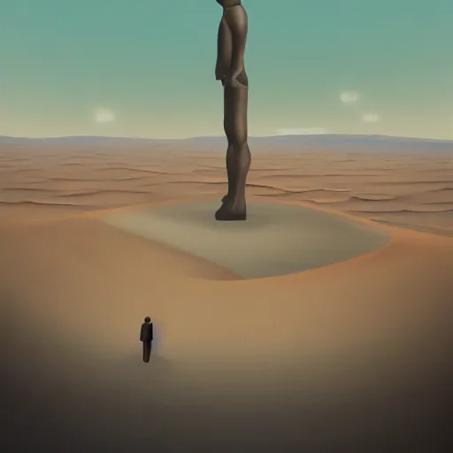 Prompt: panorama of giant human statue carrying a city on its back walking through a desert, oil painting, by lois van baarle